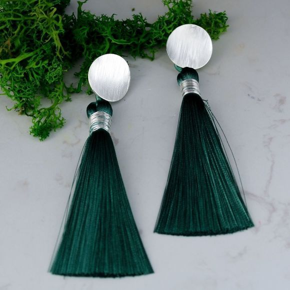 New handmade earrings long tassel silver green - Picture 2 of 2